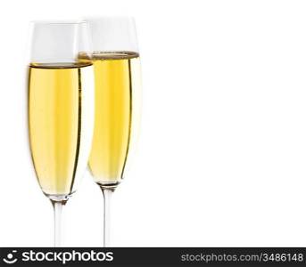 two champagne flutes isolated on white with copyspace