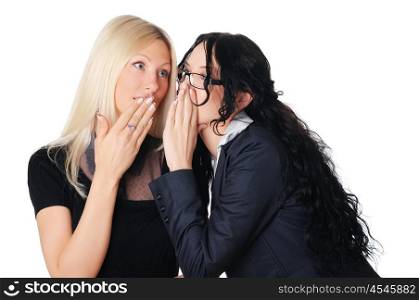 two charming business women whispering to each other