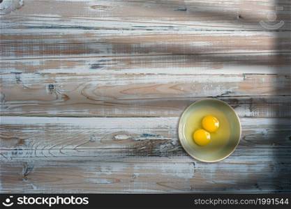 Two chicken eggs in Creative conceptual top view flat lay composition with copy space isolated