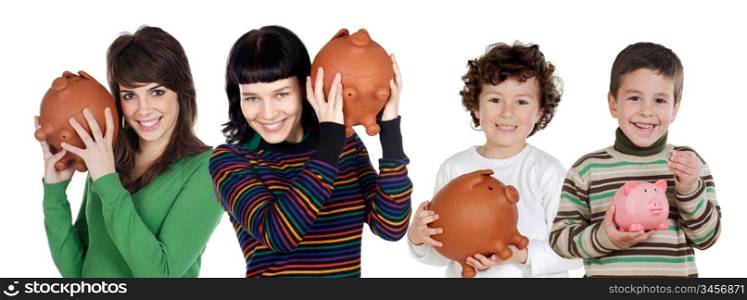 Two children and two teenagers with the savings isolated over white
