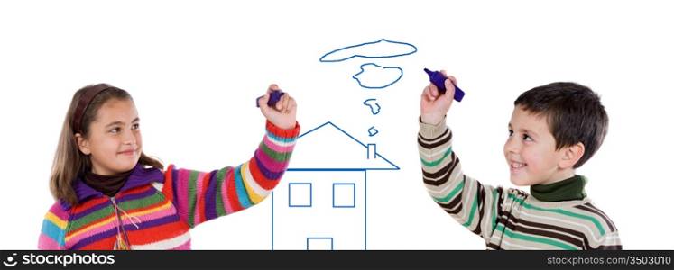 Two children drawing a house on a over white background