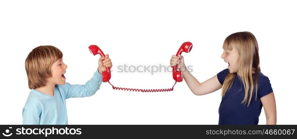 Two children fighting over phone isolated on white background