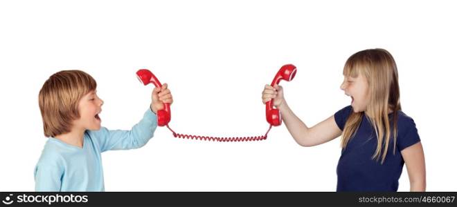 Two children fighting over phone isolated on white background