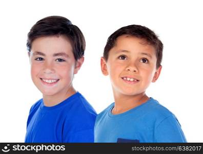 Two children in blue isolated on a white background