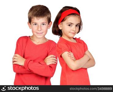 Two children in red isolated on white background