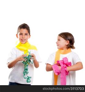 two children kids in a party with messy colorful paper ribbon