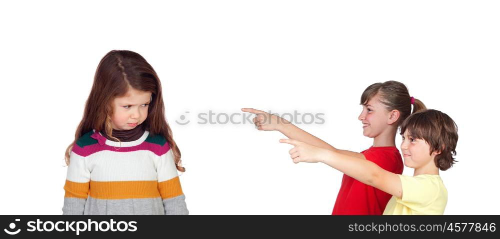 Two children laughing at a little girl isolated on white background