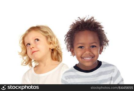 Two children looking up isolated on a white backround