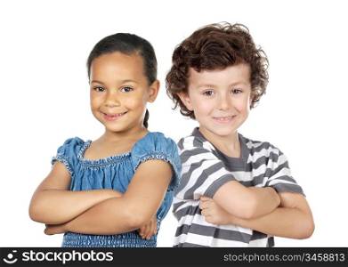 Two children of different races isolated over white