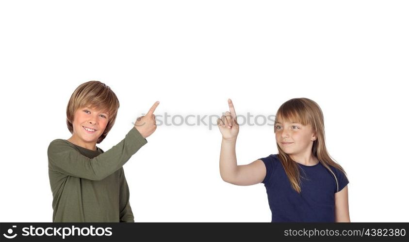 Two children pressing something isolated on a white background