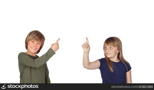 Two children pressing something isolated on a white background