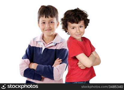 Two children smiling on a over white background