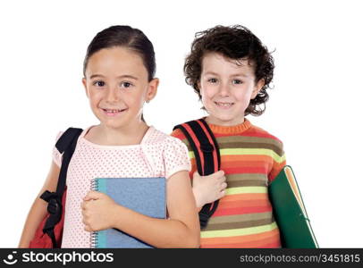 Two children students returning to school on a white background