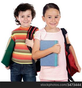 Two children students returning to school on a white background
