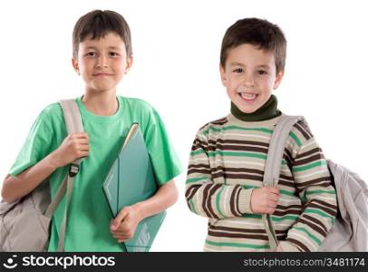 Two children students returning to school on a white background