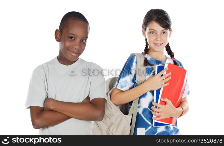 Two children students returning to school on a white background