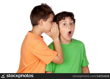 Two children told gossip isolated on white background