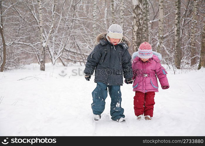 Two children walking in snow