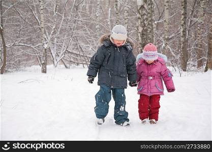 Two children walking in snow