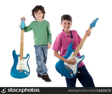 Two children whit electric guitar a over white background