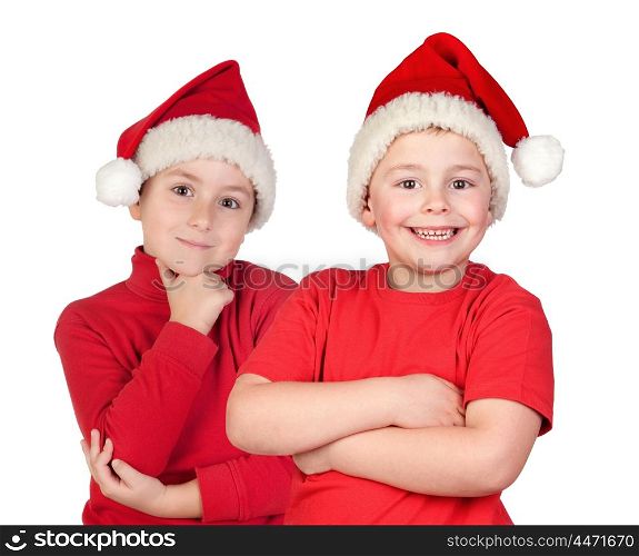 Two children with Christmas hat isolated on a white background