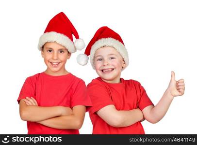 Two children with Christmas hat isolated on a white background