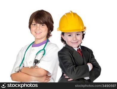 Two children with clothes of workers isolated on white background