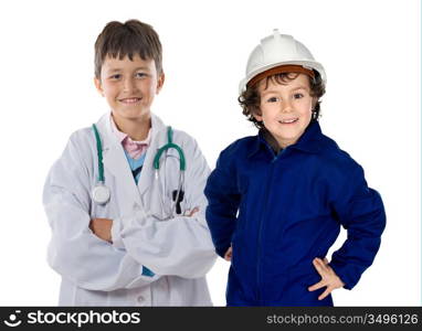 Two children with clothes of workers isolated on white background