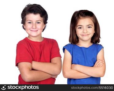 Two children with crossed arms isolated on white background