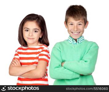 Two children with crossed arms isolated on white background
