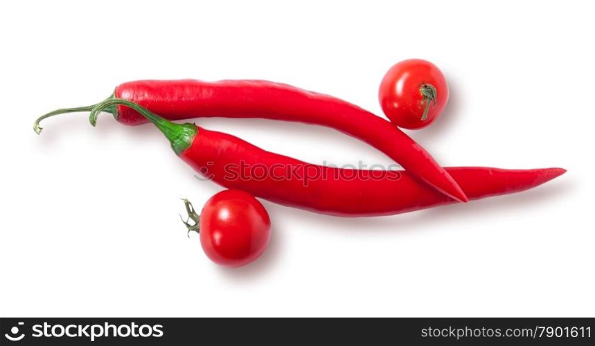 Two chili pepper and two cherry tomatoes top view isolated on white background