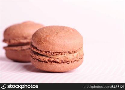 Two chocolate macaroons on pink striped background