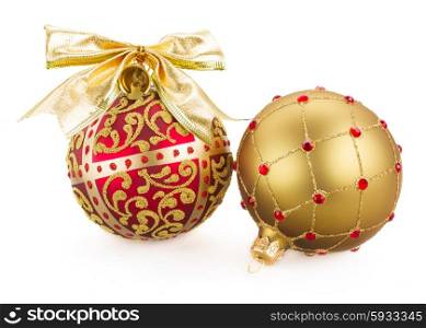 Two Christmas balls in gold and red colors isolated on white background. Two Christmas balls