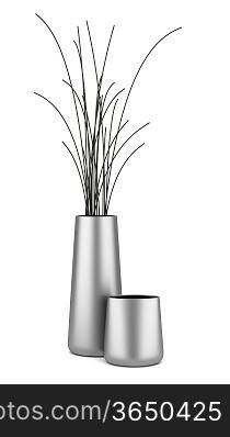 two chrome vases with dry wood isolated on white background