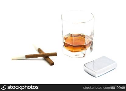 two cigarillos, lighter and glass of cognac on white