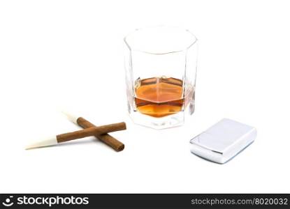 two cigarillos, lighter and glass of cognac on white background