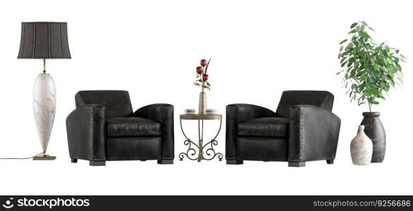 Two classic leather armchairs ,goffee table,floor l&and houseplant isolated on white background - 3d rendering. Two classic leather armchairs isolated on white background