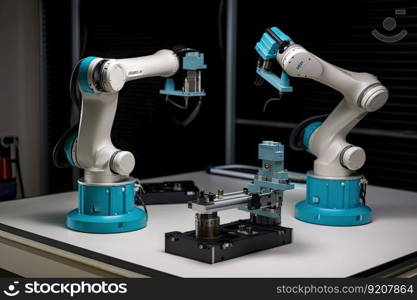 two cobots working together to assemble product, with one picking up components and the other placing them in position, created with generative ai. two cobots working together to assemble product, with one picking up components and the other placing them in position