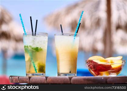 Two cocktails at tropical beach, Sithonia, Greece