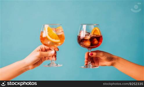 Two cocktails in hands. Illustration Generative AI 