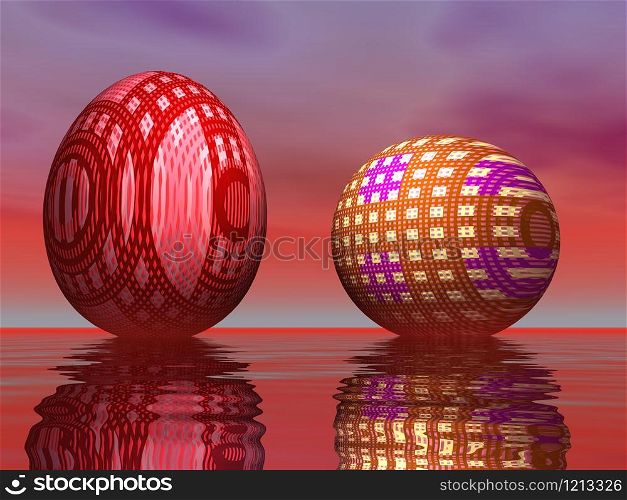 Two colored eggs upon water in red background. Red easter eggs