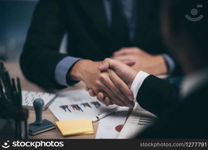 Two confident business man shaking hands during a meeting in the office, success, dealing, greeting and partner concept.