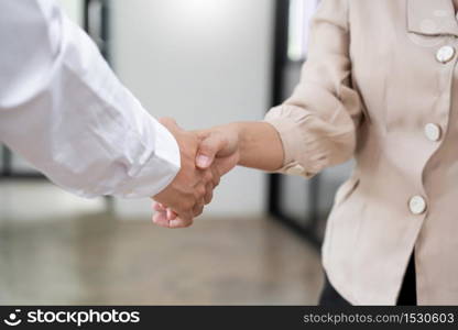 Two confident business man shaking hands during a meeting in the office, success, dealing, greeting and partner concept.