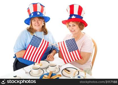 Two conservative American voters sitting down to a tea party.