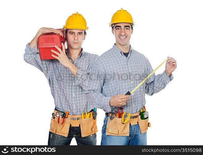 Two construction workers on a over white back ground