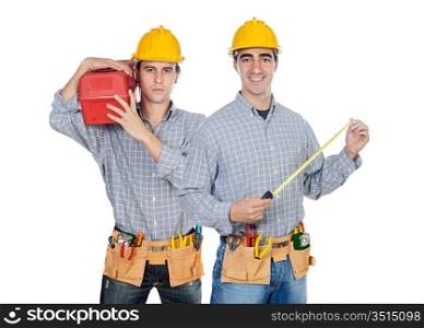 Two construction workers on a over white back ground