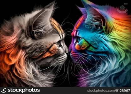 Two cool and colorful cats. Rainbow colors. Diversity, tolerance, inclusion concept. Different and unique to be. Fashionable animals, couple. Generative AI. Two cool and colorful cats. Rainbow colors. Diversity, tolerance, inclusion concept. Different and unique to be. Fashionable animals, couple. Generative AI.