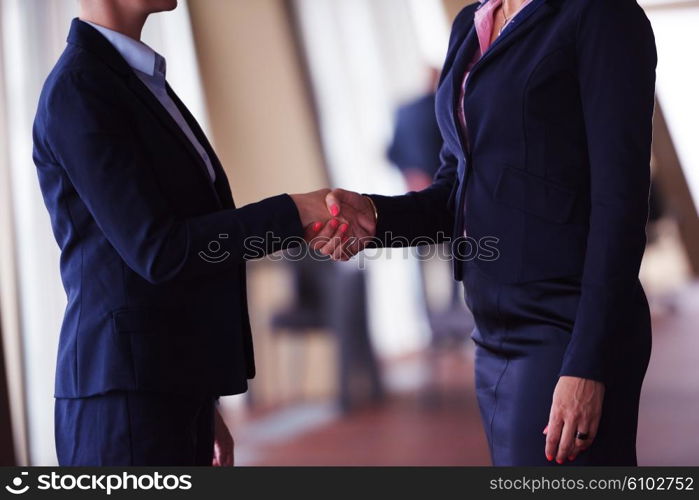 two corporate business woman at modern bright office interior make deal and handshake