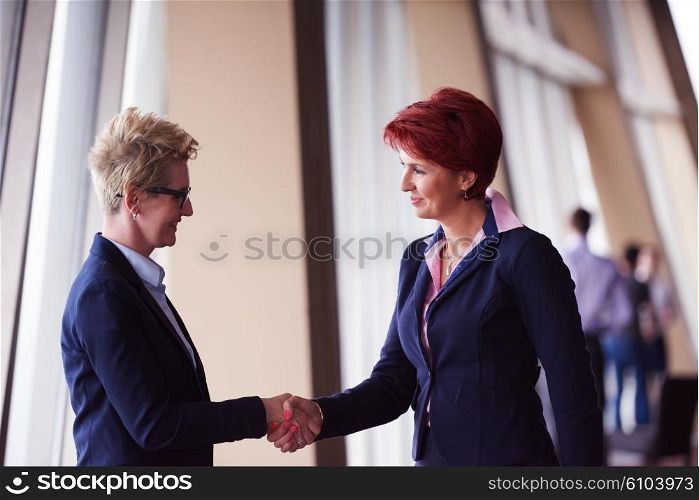 two corporate business woman at modern bright office interior make deal and handshake