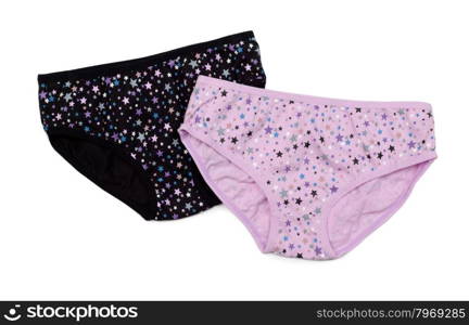 Two cotton panties, pink and black with a pattern of a star. Isolate on white.